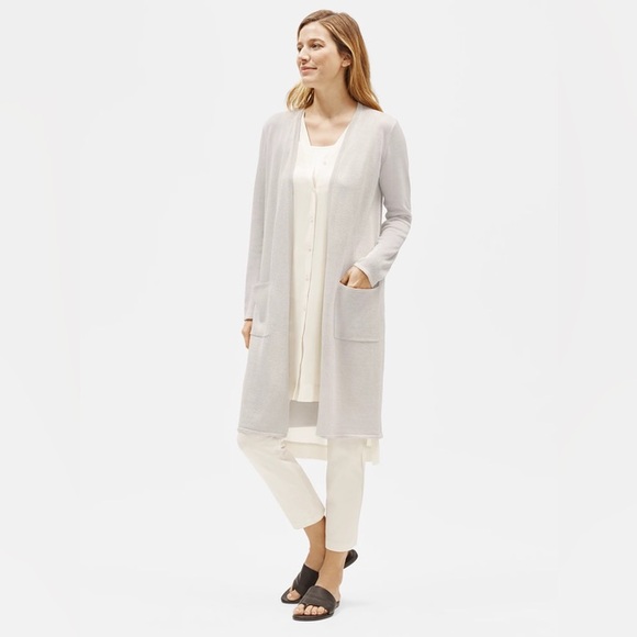 Eileen Fisher Bone Fine Crepe Sparkle‎ Organic Linen Long Cardigan - Picture 1 of 13